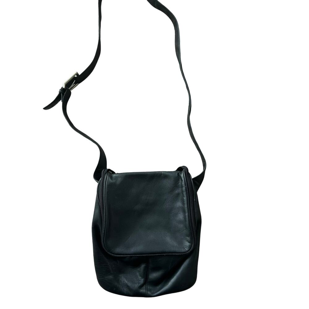 Vintage 90s Hobo International Crossbody Purse Bag Black Leather Zip Long Strap